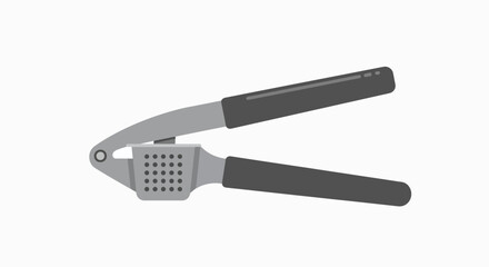 Stainless steel garlic press with black handles.