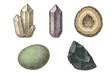 Diverse set of natural geological elements featuring faceted crystals, a cross-section geode, and smooth and rough stones