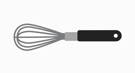A simple illustration of a kitchen whisk with a black handle and metal wires.