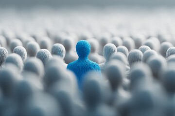 Obraz premium Blue fuzzy figure standing among many grey figures, representing individuality and leadership