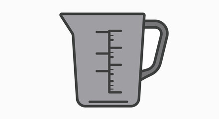 A simple illustration of a gray measuring cup with measurement markings on its side and a handle.
