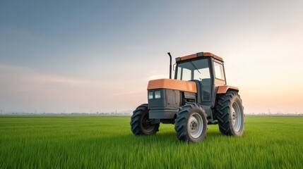 Orange Tractor in Lush Green Field at Sunrise, Capturing Agricultural Beauty and Modern Farming Equipment in Natural Landscape