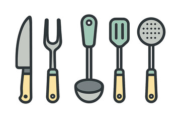 Collection of various kitchen cooking utensils and cutlery including knife fork ladle spatula skimmer for culinary tasks