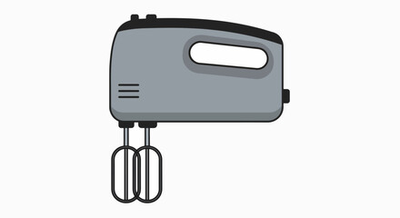 Gray hand mixer with beaters, kitchen appliance, electric mixer, cooking tool, household item, side view.