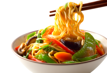Delicious bowl of vegetable stir-fried noodles with chopsticks lifting noodles, fresh colorful Asian cuisine, perfect for food menus and cooking blogs
