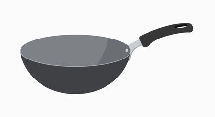 Gray wok pan with a black handle, side view.