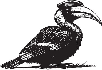 Detailed black and white ink sketch of a hornbill bird with a large casque perched on a grassy surface against a white background © toomotion
