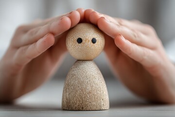 Hands protecting a wooden person figure, symbolizing care and security
