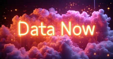 Bright neon text reads Data Now against fluffy pink clouds. Digital code streams behind glowing letters, creating futuristic vibe.