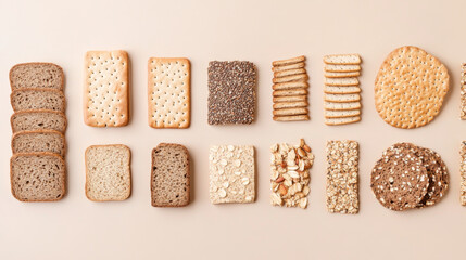 Varieties of flatbread and whole grain toast arranged as background