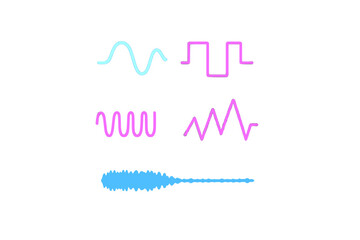 Abstract representation of various sound and signal wave patterns including sine, square, sawtooth, and audio frequency