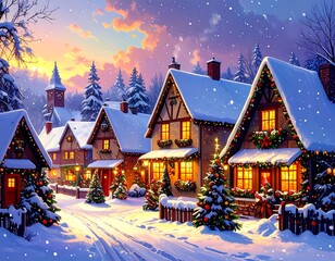 Snowy Christmas village scene at sunset