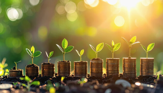 Financial planning investment growth chart showcasing coins with a plant growing on top for future prosperity