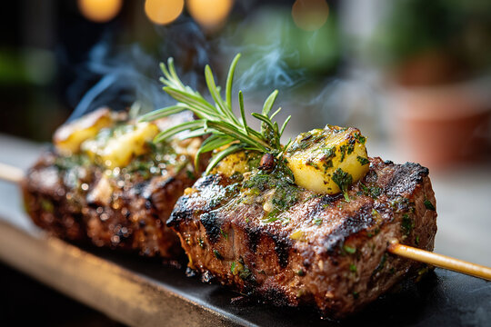 grilled meat skewers with rosemary and herbs
