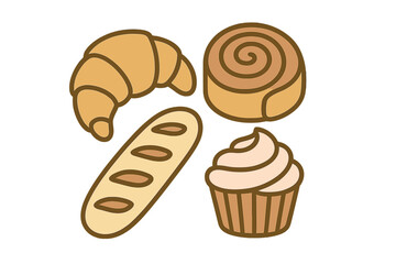 Collection of delicious freshly baked goods featuring a golden croissant, long baguette, sweet cinnamon roll, and frosted cupcake