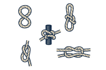 Collection of various rope knots including figure eight, cleat hitch, and sheet bend for nautical themes