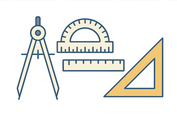 Geometric drafting tools including a compass, protractor, ruler, and set square for educational and design purposes