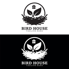 Modern Bird House Logo Design Vector | Nest, Leaves & Home Symbol