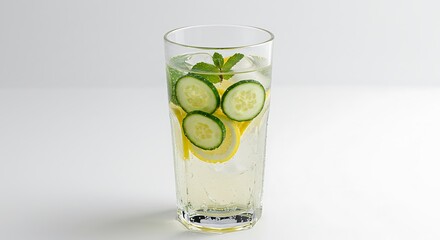 Refreshing glass of cucumber, lemon, and mint infused water on a white background, perfect for hydration.