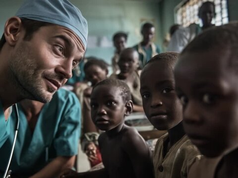 A Doctor in Charity: A compassionate doctor, dressed in scrubs and a cap, gazes with care towards a group of children, embodying empathy and service during a philanthropic event.