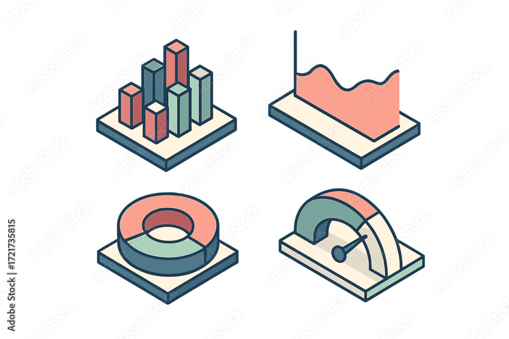 Aufkleber isometric business data visualization charts including bar graph pie chart and performance gauge for