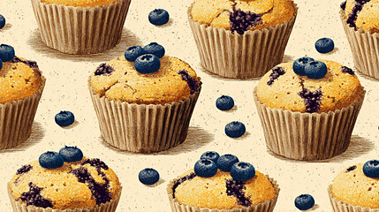 Fresh blueberry muffins in rustic paper cups arranged beautifully, showcasing a delightful baked...