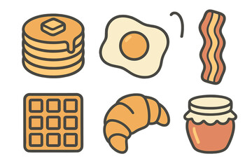 Assortment of classic breakfast food items including pancakes, fried egg, crispy bacon, waffle, fresh croissant, and sweet jam