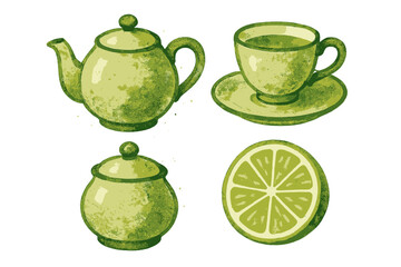 Vibrant green watercolor tea set featuring a teapot, teacup, sugar bowl, and fresh lime slice on a clean white background for a refreshing beverage