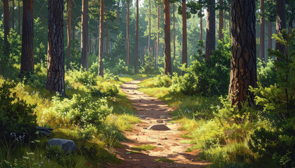 Obraz premium Scenic pathway through lush forest leading to a campsite with ample copy space for text above