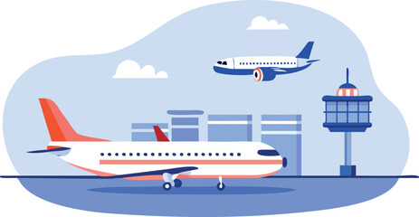 Flat illustration of an airport runway with a plane isolated on transparent background