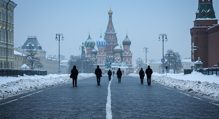 People walking on a snow-covered road towards Saint Basil's Cathedral in Moscow.