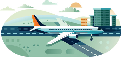 Flat illustration of an airport runway with a plane isolated on transparent background