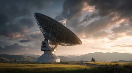 large radio telescope sunset landscape