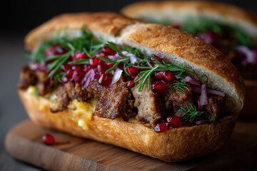 Gourmet submarine sandwich filled with seasoned meat, cranberries and aromatic rosemary.
