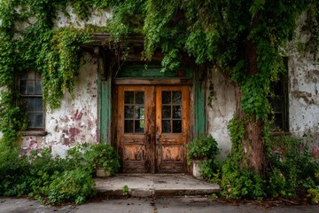 Nature reclaiming an old, neglected building with a rustic wooden door and peeling paint