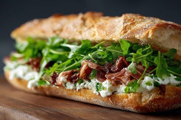 Italian-style baguette sandwich layered with prosciutto, peppery arugula and creamy cheese.