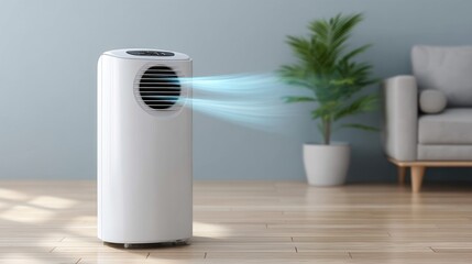 Obraz premium Modern Portable Air Conditioner with Cool Air Flow in Bright Living Room Interior Featuring Indoor Plant and Stylish Sofa in Minimalist Design
