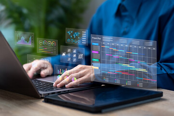 Project Management, Statistical Data Analysis Concept, Businesswoman Show Dashboard for Financial Forecast, Corporate Annual Data Review, Strategic Project Management, Market Insights Analytics