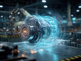 A metallic industrial component rests on a platform within a factory setting, encircled by a futuristic, glowing blue digital overlay suggesting advanced technological inspection or design