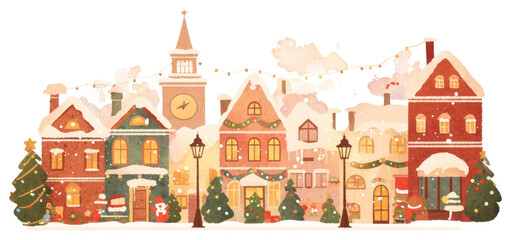 Fototapeta premium PNG Christmas town with houses christmas illustration decorations.