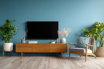 A mid-century modern living room features a wooden media console beneath a flat-screen TV mounted on a teal wall, flanked by plants and a comfortable armchair