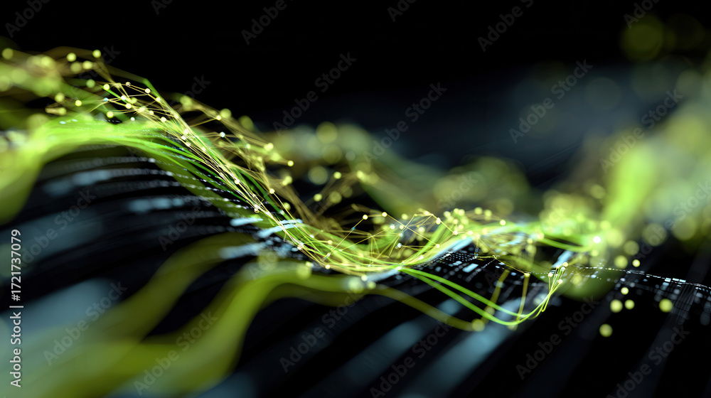 Poster digital abstract wave with glowing green lines and dots flowing over dark background, creating dynam