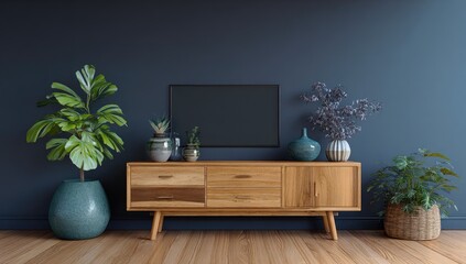A mid-century modern sideboard with plants and a framed artwork against a dark blue wall