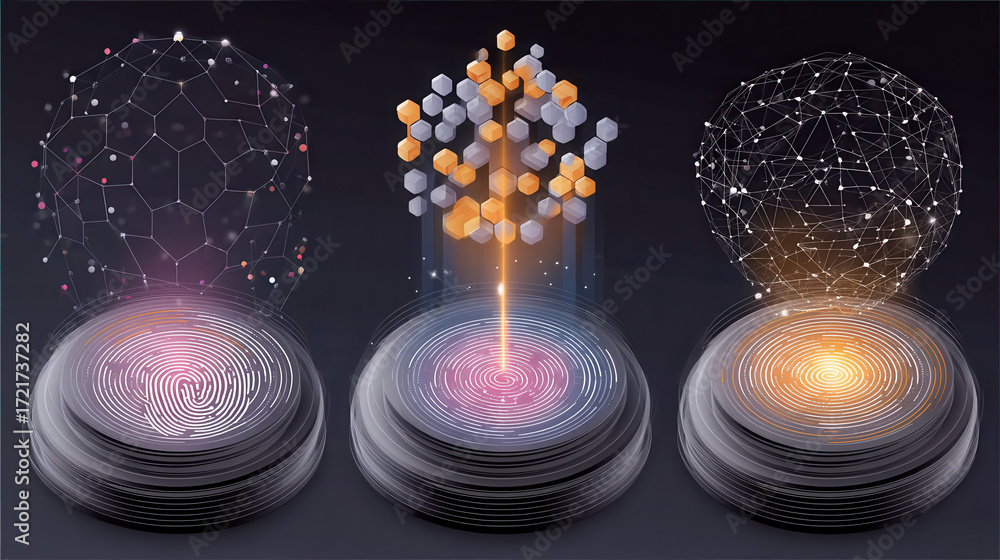 Poster fingerprint scanner with digital data visualization and futuristic technology concept showing securi