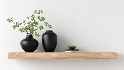 A minimalist arrangement of two black vases, a small succulent plant on stacked books, and green branches sits on a light wood shelf against a white wall