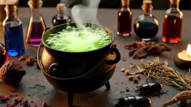 A witch's cauldron bubbling with a glowing green potion. Magical ingredients for alchemy and sorcery on a dark table. Halloween witchcraft and fantasy concept.