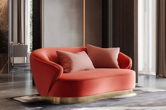 Coral red single seat sofa with curved base and armless design 