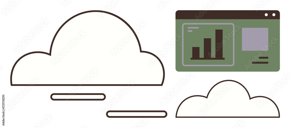 Aufkleber digital dashboard with bar charts inside a browser window combined with two outlined clouds. ideal f