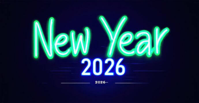 Bright neon text displays New Year 2026. Dark background enhances glowing effect. Simple, celebratory design. - Powered by Adobe