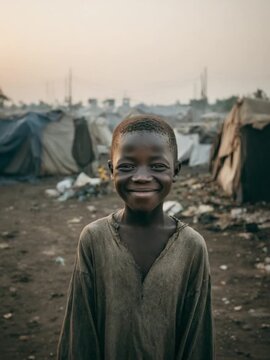 A Child's Grin in Tent City: In a candid portrayal, a young child's radiant smile shines amidst the somber backdrop of a tent city. This evocative image invites reflection on resilience and hope.